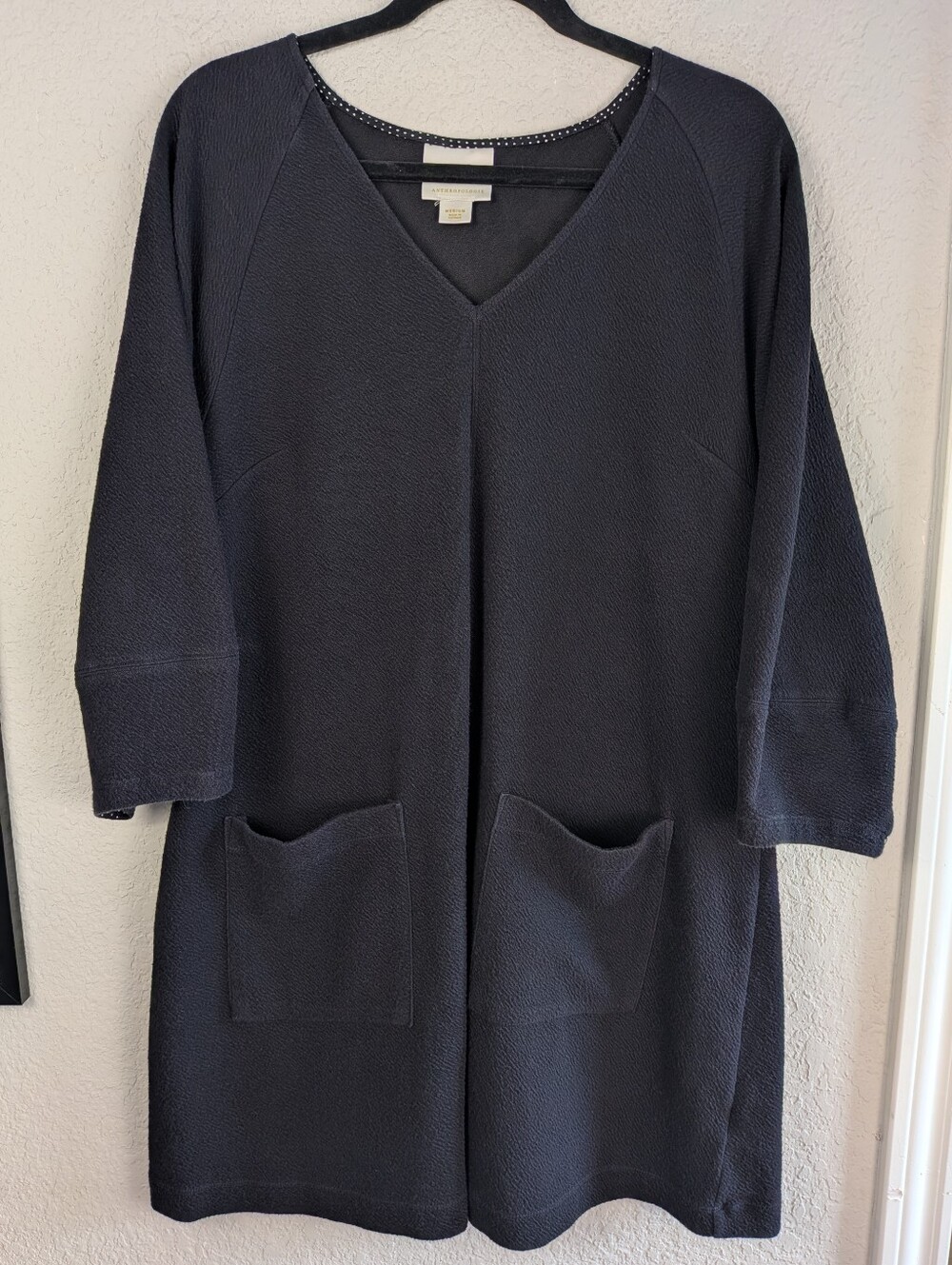 Anthropologie Maeve Stretch Knit Shift Dress M Black Patch Pockets V Neck Cozy